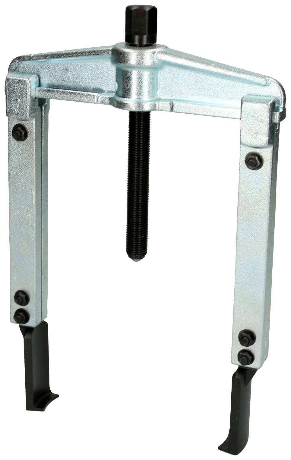 Two-armed metal puller with screw mechanism, primarily used for removing bearings or gears.
