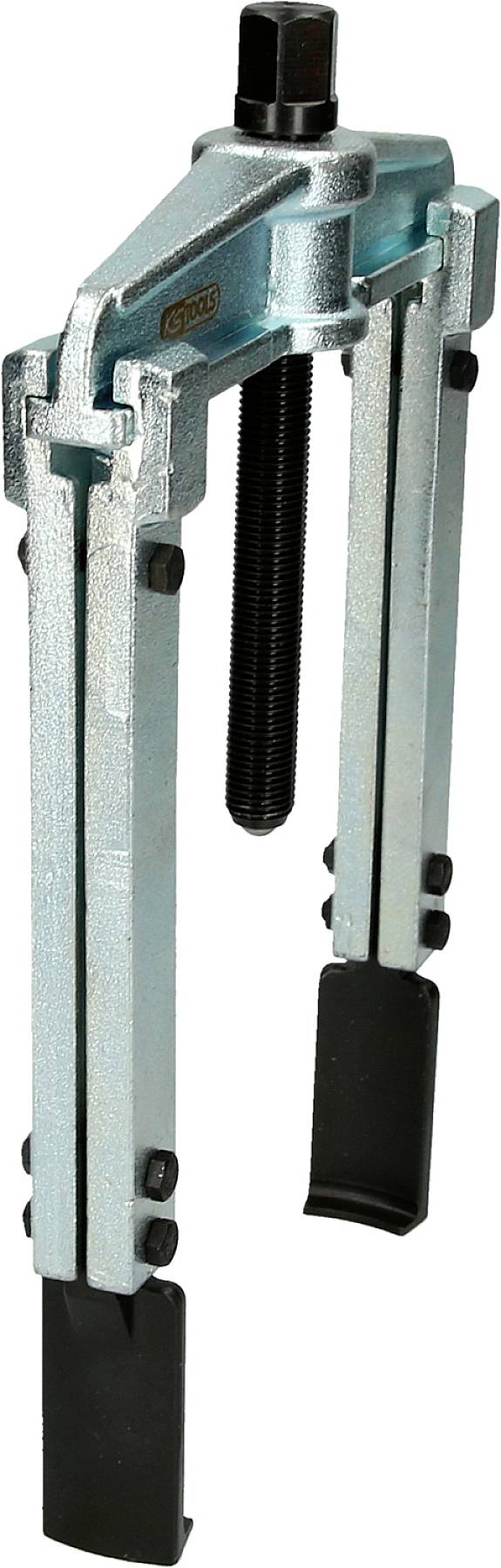 Two-armed metallic puller with slots for removing bearings or gears.