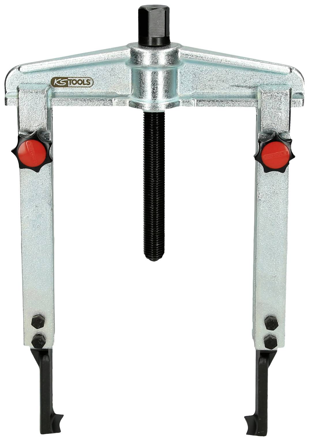 Two-legged metal puller with two red handles and a black spindle, used for removing stuck parts.