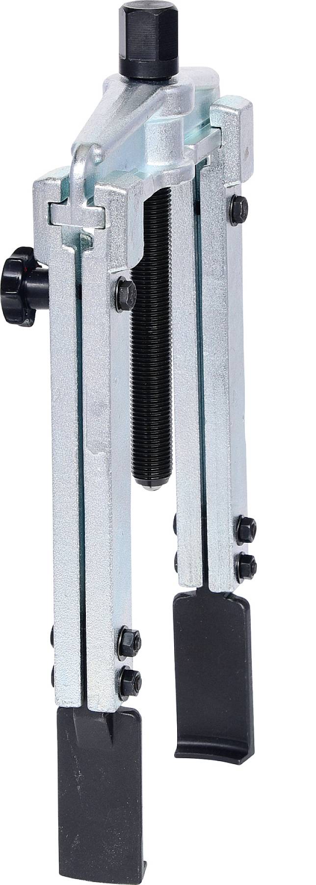 Metal two-arm puller with black-coated ends, used for removing bearings or similar components.