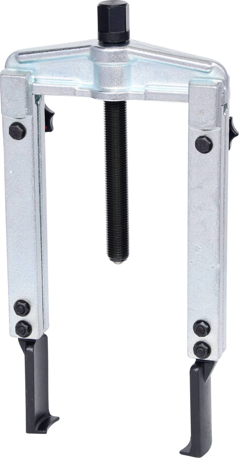 A two-legged metal puller with adjustable arms and a central screw, used in vehicle or machine repair.