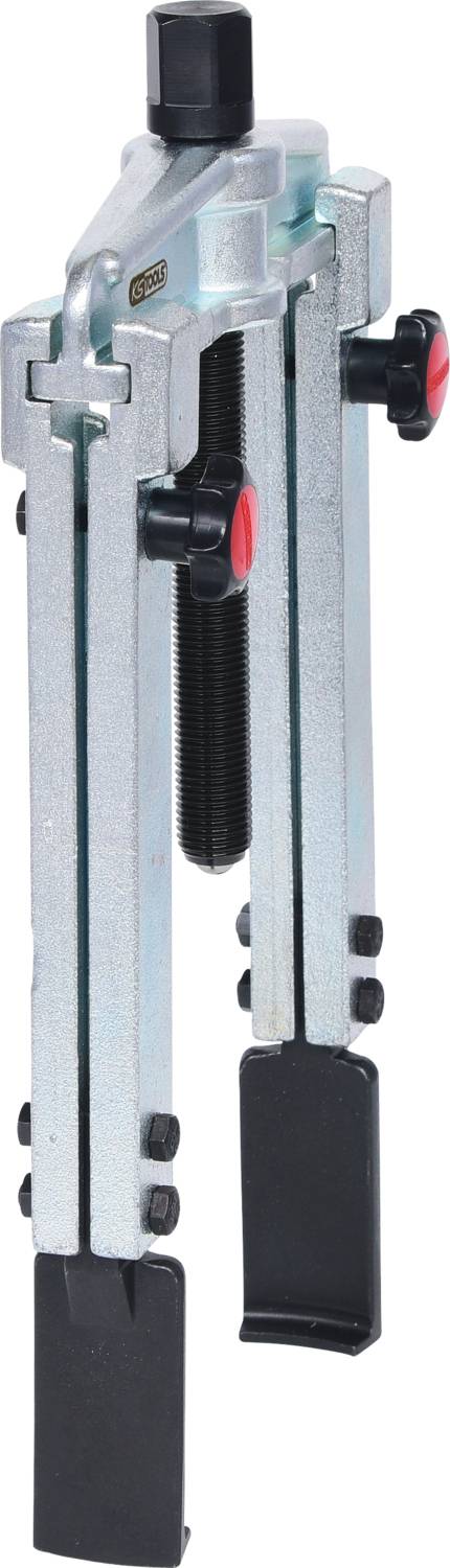 A silver two-leg puller with a black handle and red buttons, used for removing bearings or gears.