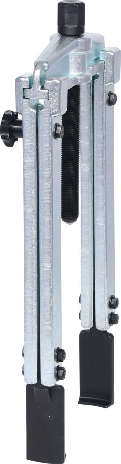 Two-legged metal puller with a black handle, used for removing gears or bearings from shafts.