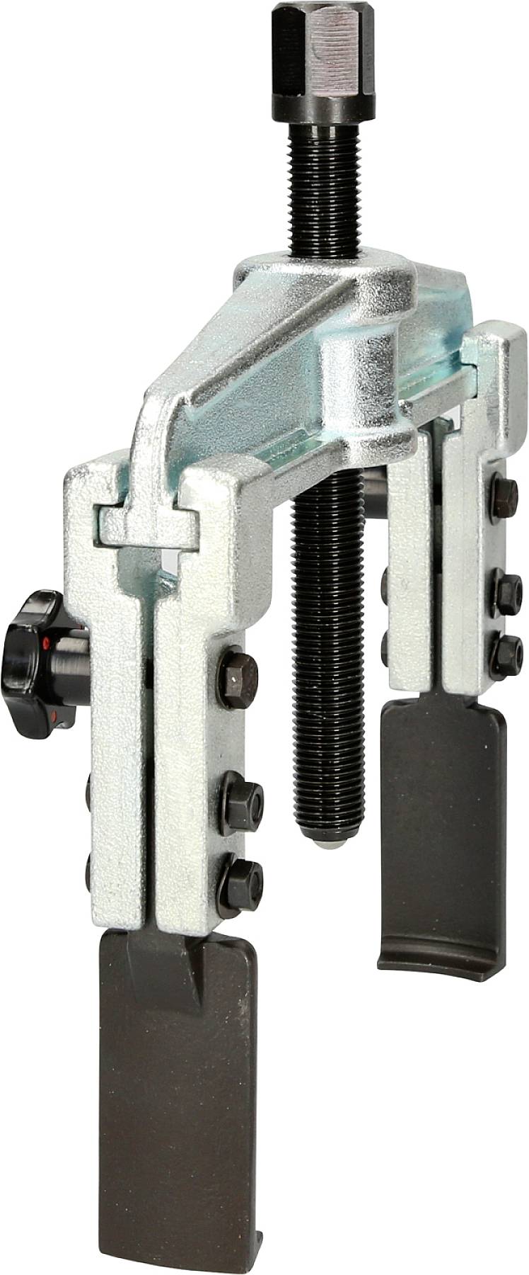 Two-arm puller with screw mechanism for removing seized parts from axles or shafts. Manufactured from metal.