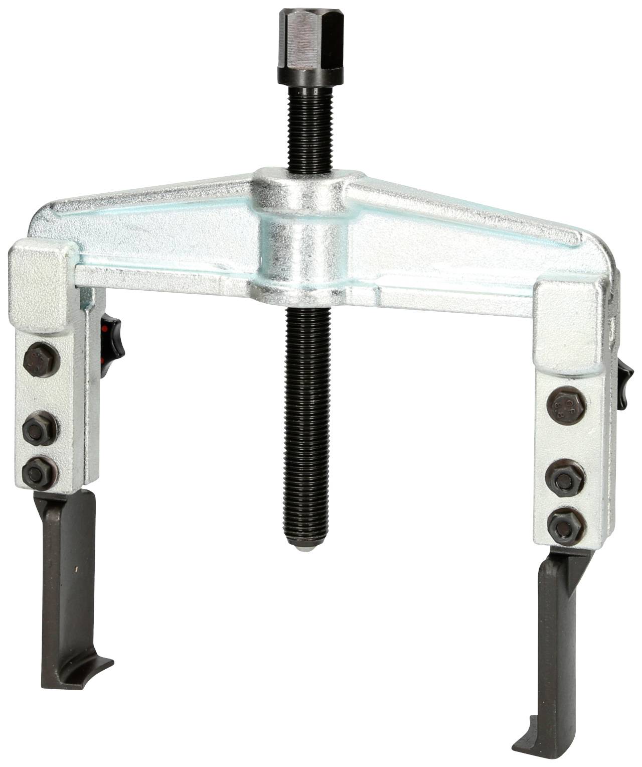 Two-armed metal puller used for removing ball bearings or gears from shafts.