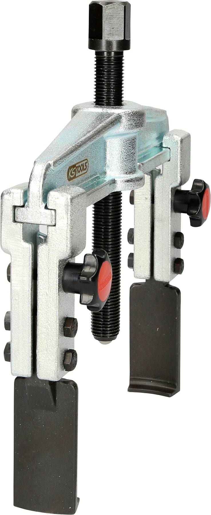 A silver puller with a black screw and red buttons, used for removing bearings or gears from a shaft.