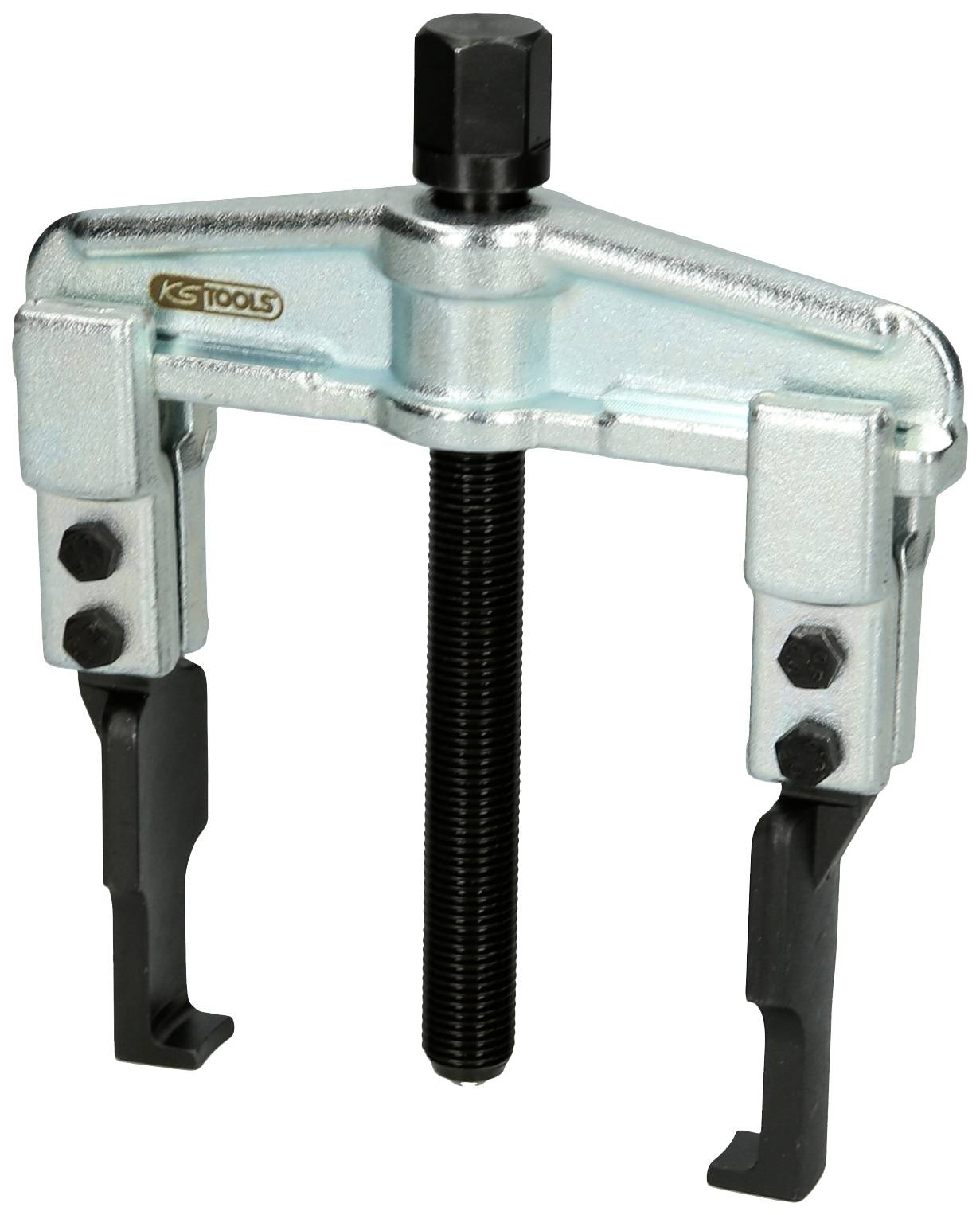 A silver two-arm puller with a central screw, used for removing tightly fitted parts during repair work.