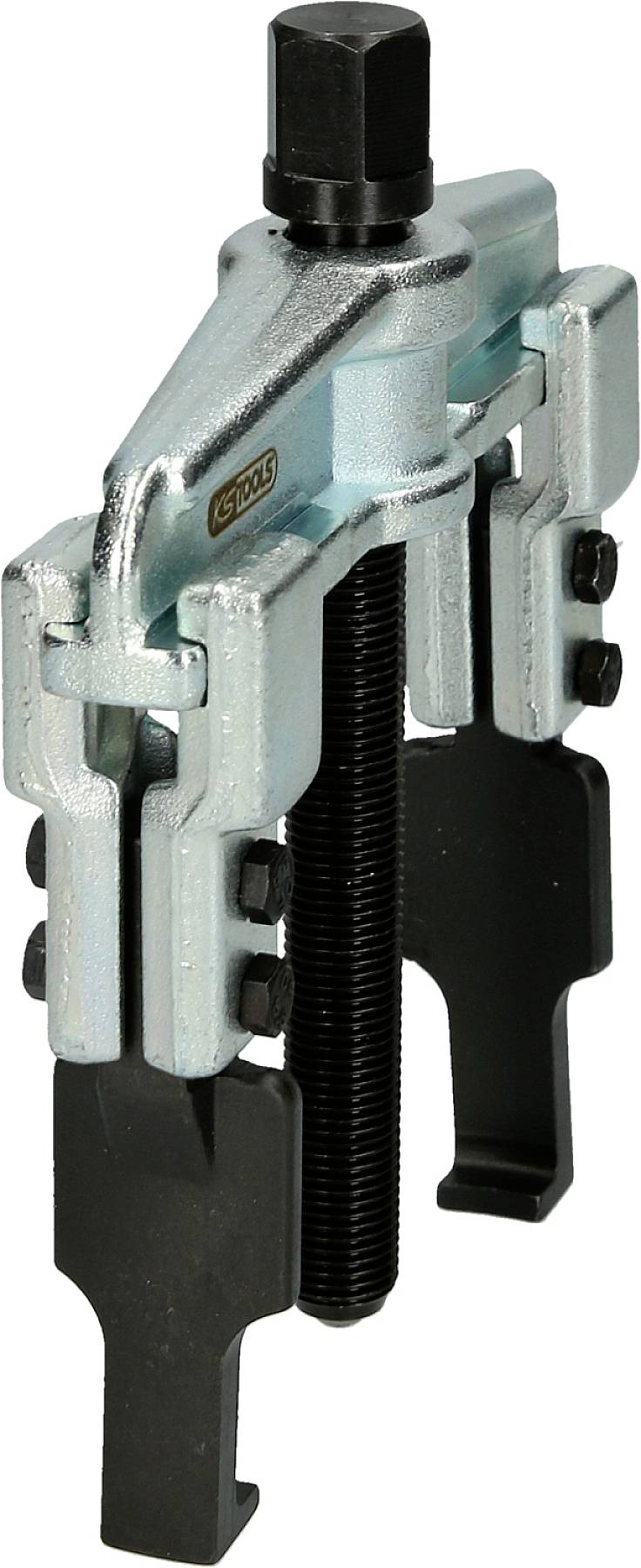 Two-legged metal puller used for removing bearings or gears.