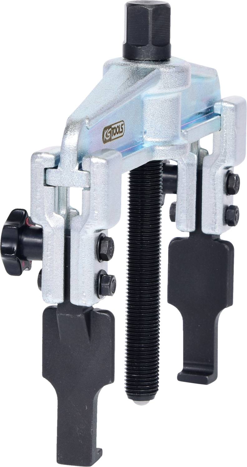 A two-jaw metal puller with a threaded spindle for extracting bearings or gears.