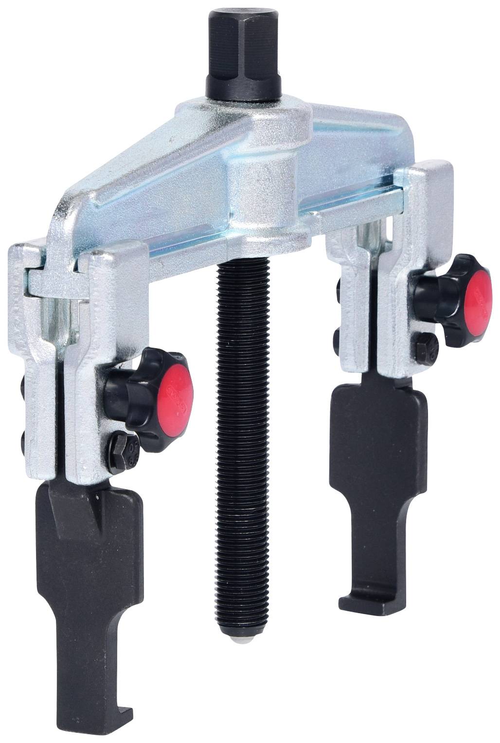 A puller tool with two adjustable arms and a central screw, typical for removing bearings or gears.