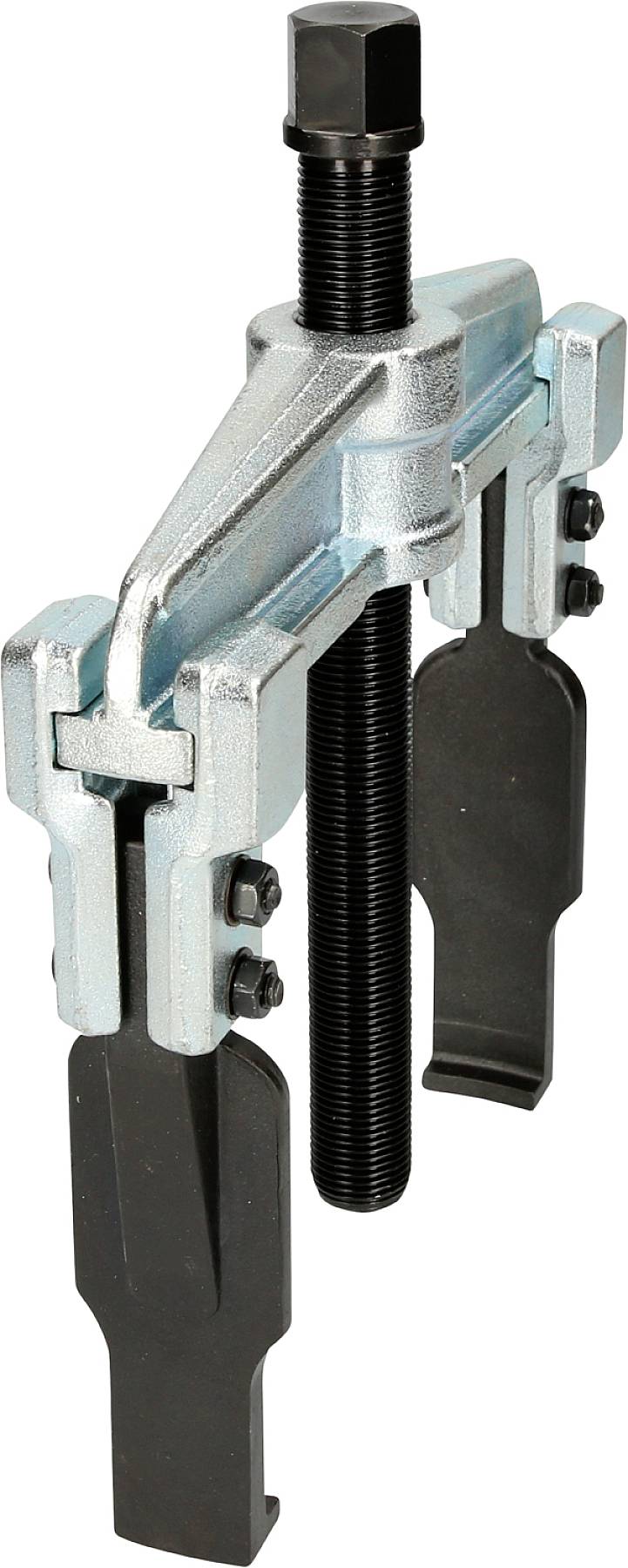Metal puller with two black arms and a central screw. Used to loosen stuck parts.
