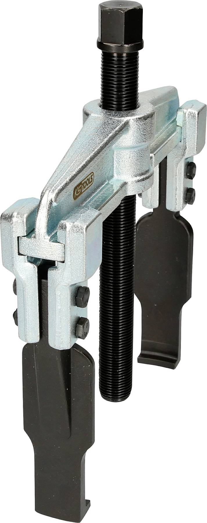 Two-legged puller with screw mechanism, used for removing bearings or gears. Metallic structure with black handle.