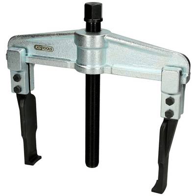 Two-legged metal puller with a screw thread in the centre and movable arms, used for removing stuck parts.