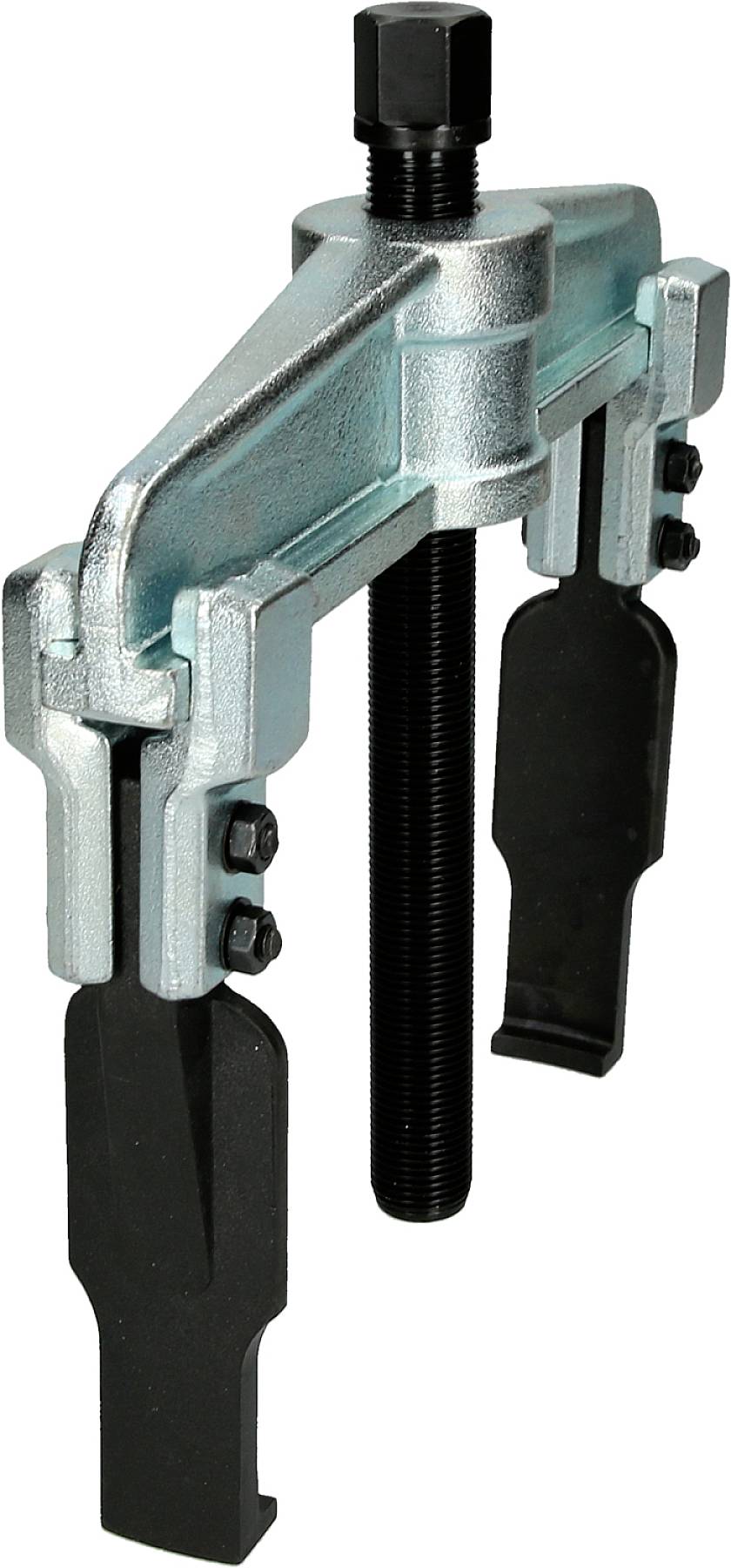 A metallic puller with two black gripping arms and a central screw, used for removing bearings.