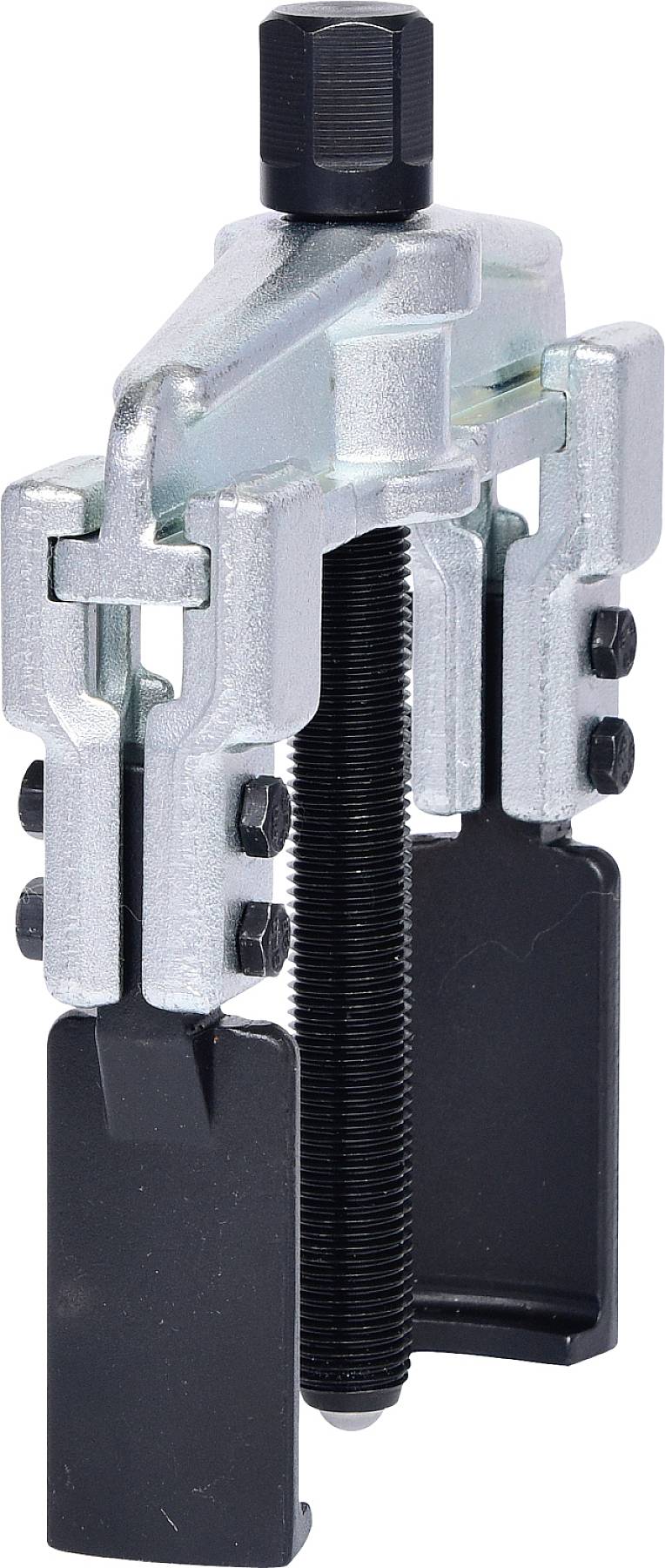 A metallic puller with two robust arms and a central screw. Often used to loosen stubborn parts.