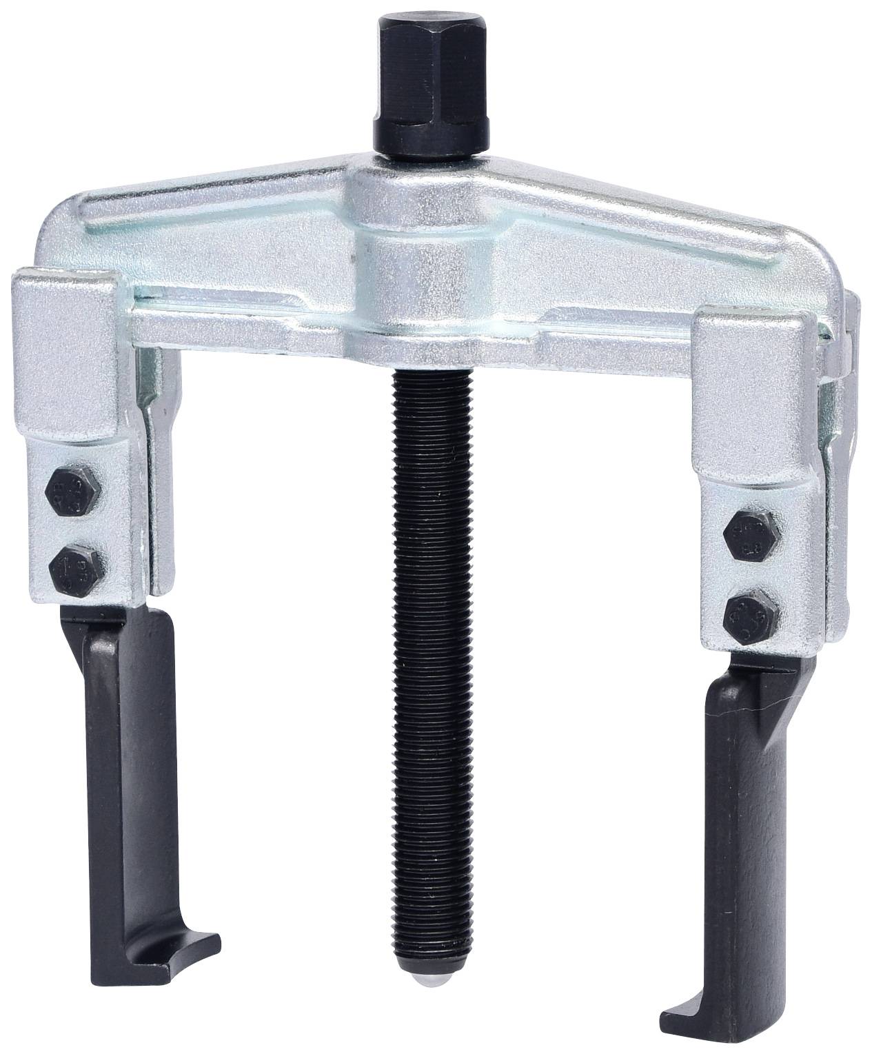 Metallic two-arm puller with an adjustable central screw, suitable for removing gears or bearings.