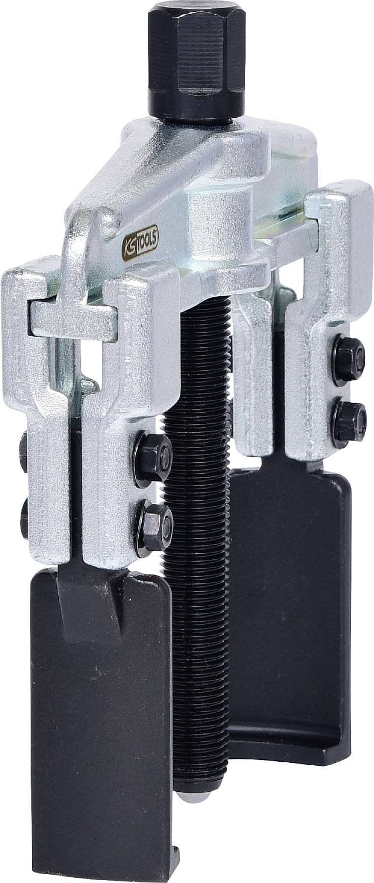 Metal puller with two jaws, suitable for removing bearings or discs. Screw mechanism on top, robust construction.