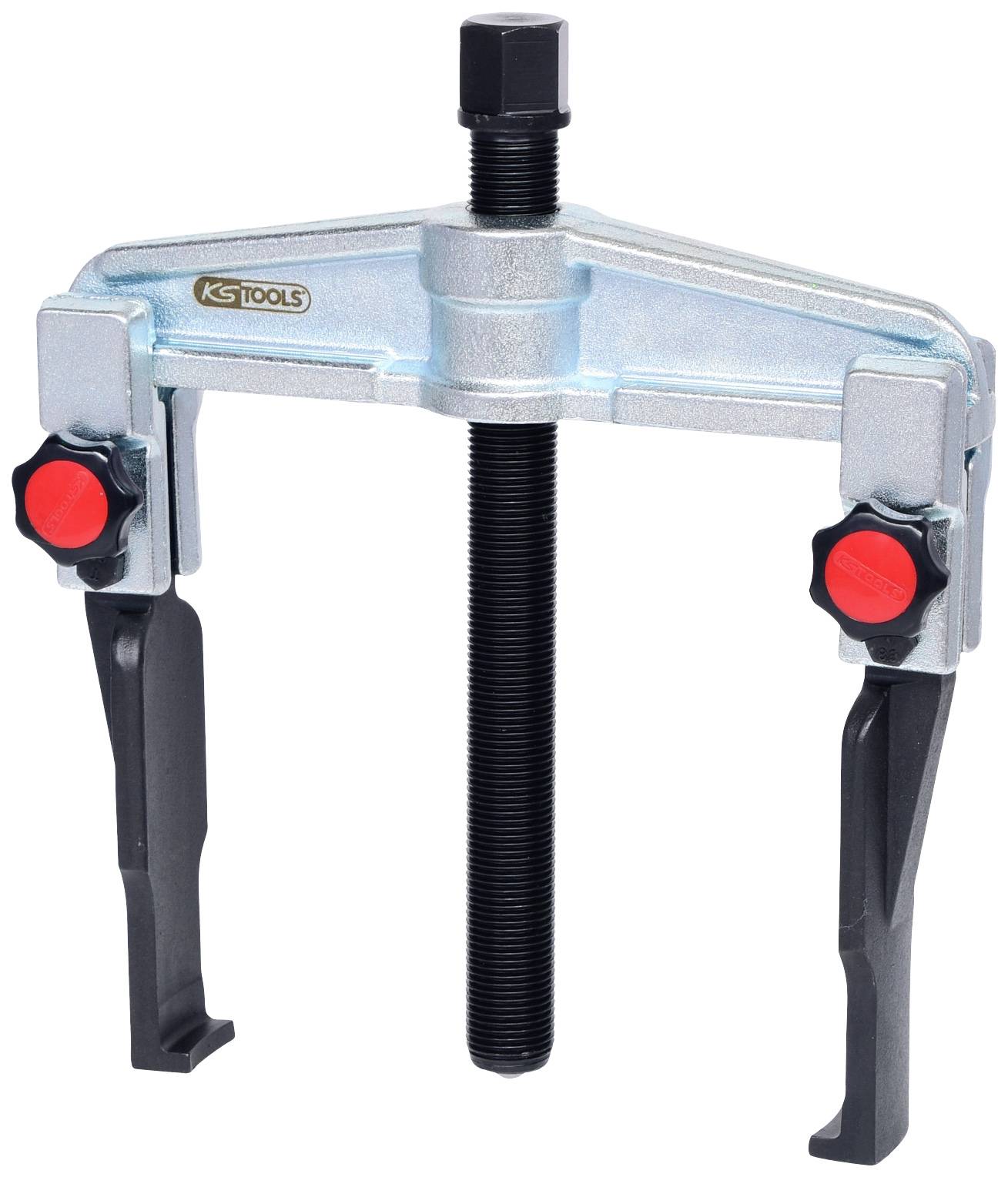 Puller with screw mechanism, two handles, and red-black buttons for removing bearings or similar components.