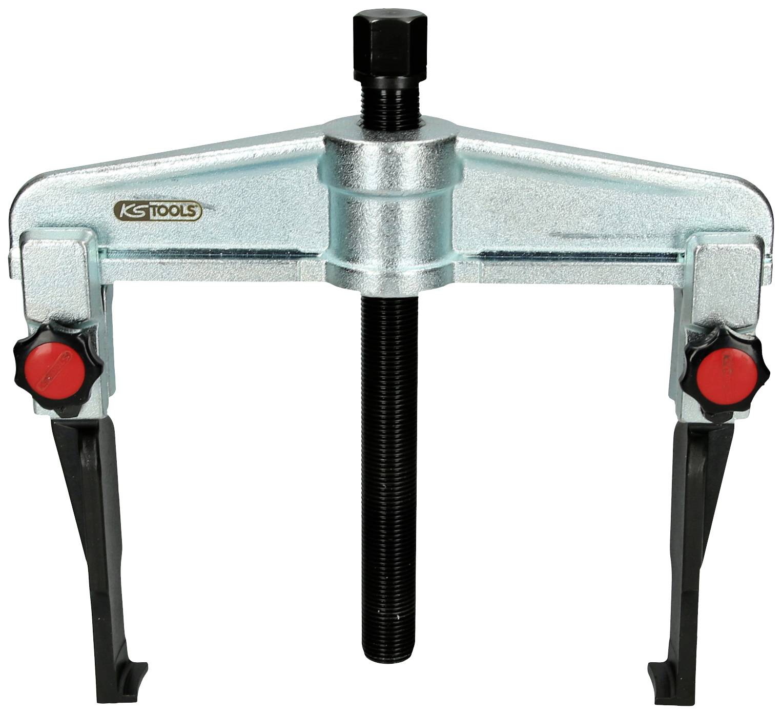 Silver puller with two black gripping arms and a central screw. Used for removing bearings and gears.