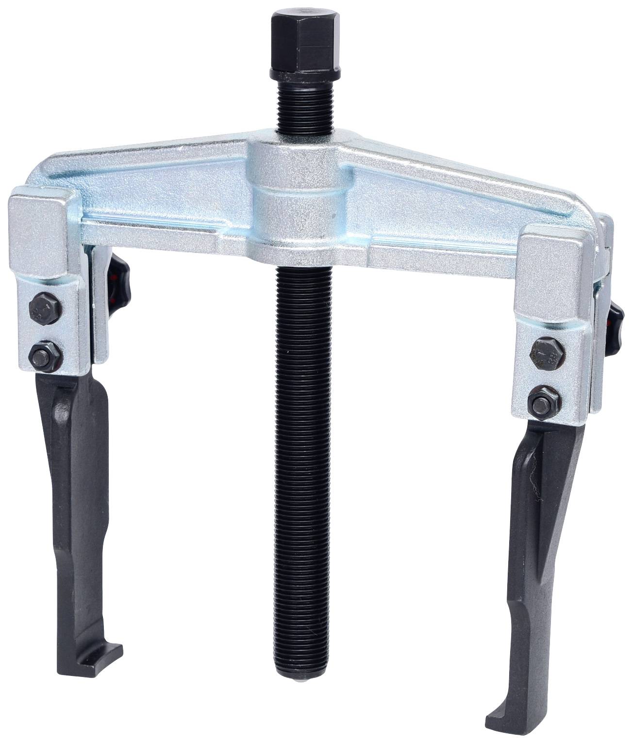 A two-arm metal puller with a central screw, used for removing bearings or gears from shafts.