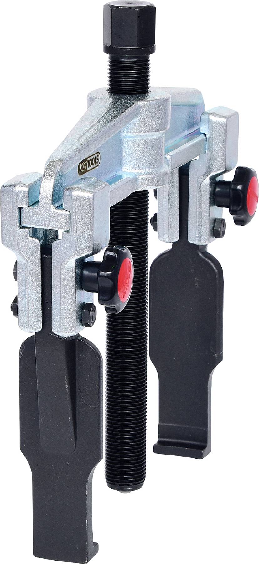 Two-legged puller with a screw-thread spindle mechanism, suitable for removing fixed parts such as wheels or gears.