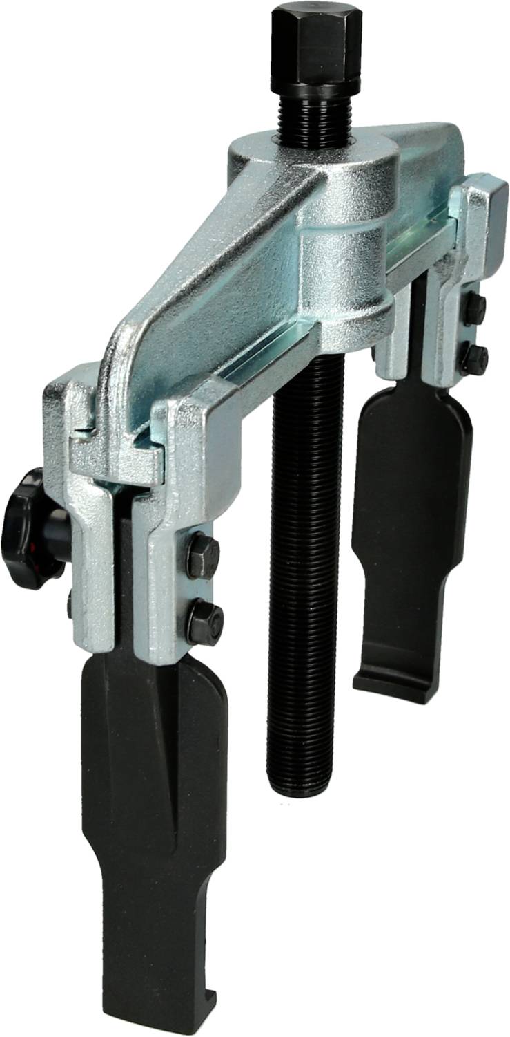 A puller tool with two robust arms and a central threaded bolt for removing bearings or pulleys.