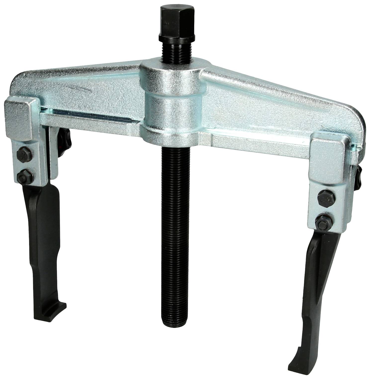 'Image of a mechanical puller with two arms, used for removing bearings or gears from shafts in machinery.'