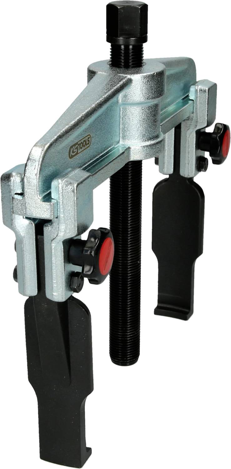 A three-pronged puller tool with a metal body, black spindle, and handles. Used for removing seized parts.