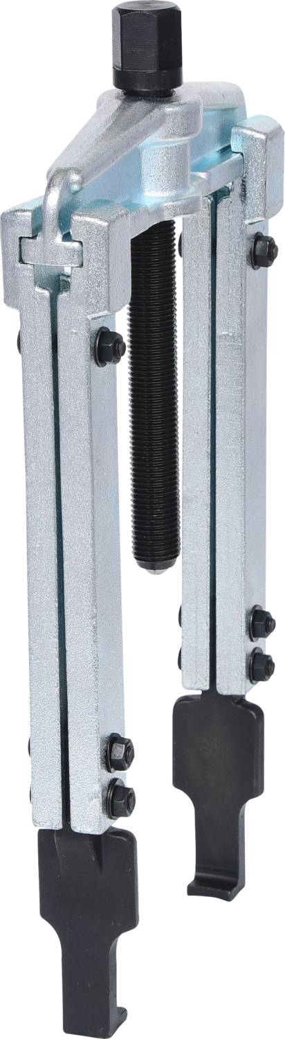 A silver two-arm puller with a central screw, used for removing bearings or bushes.