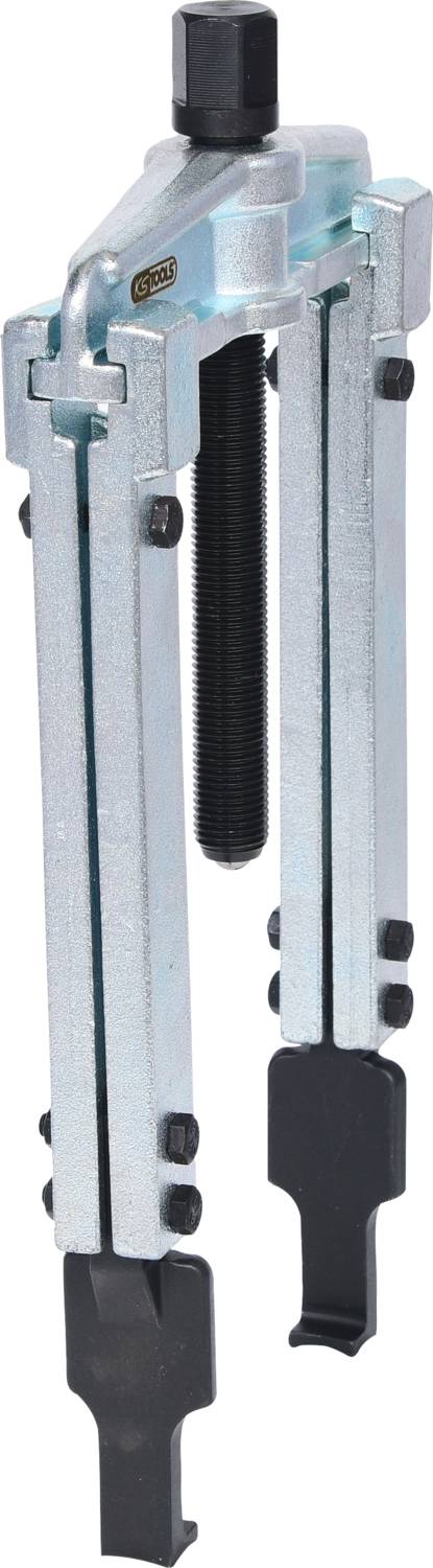 Two-armed metal puller with a screw mechanism for removing stuck parts from shafts or rotational components.