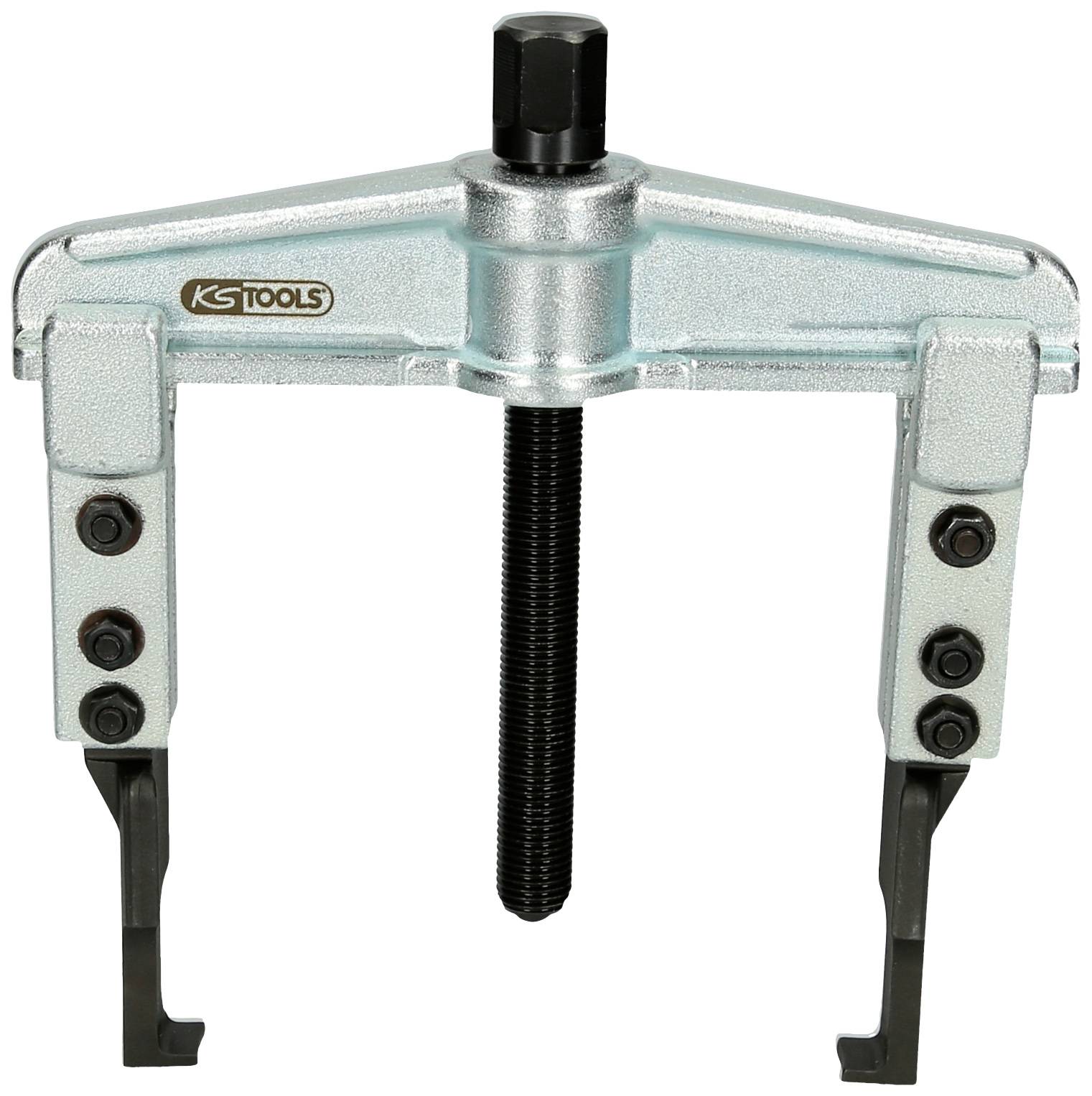Two-legged metal puller with adjustable arms and threaded spindle, used for removing bearings or gears.