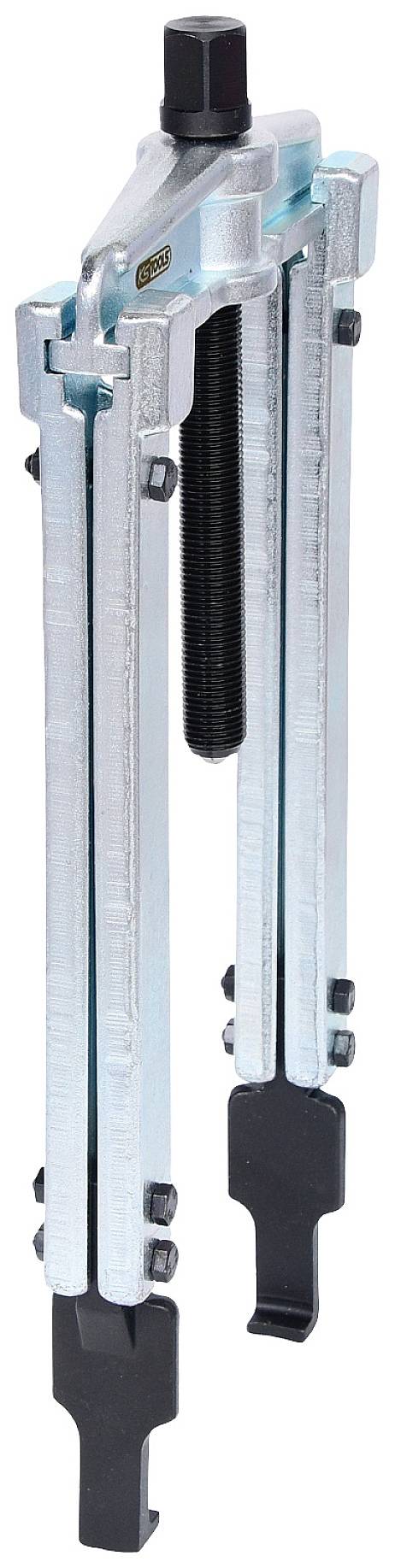 A three-part extraction tool with a silver metal body and black screw, used for removing bearings or gears.