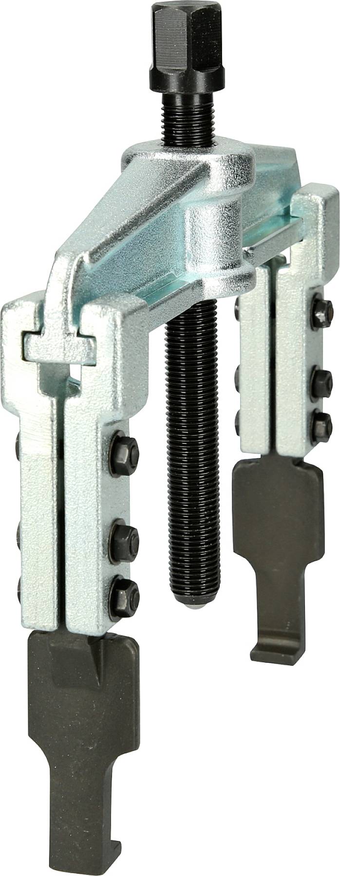 Metal puller with two arms and central threaded bolt, suitable for removing stuck parts such as gears or bearings.