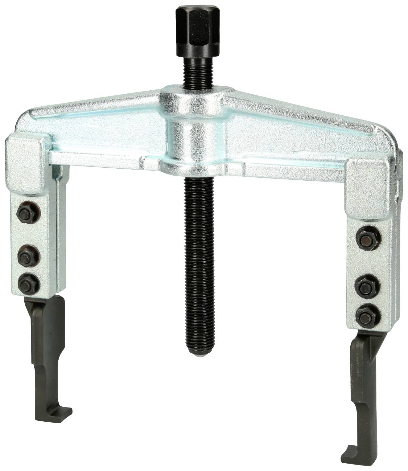 A two-armed metal puller with a central screw, used for removing bearings and gears from shafts.