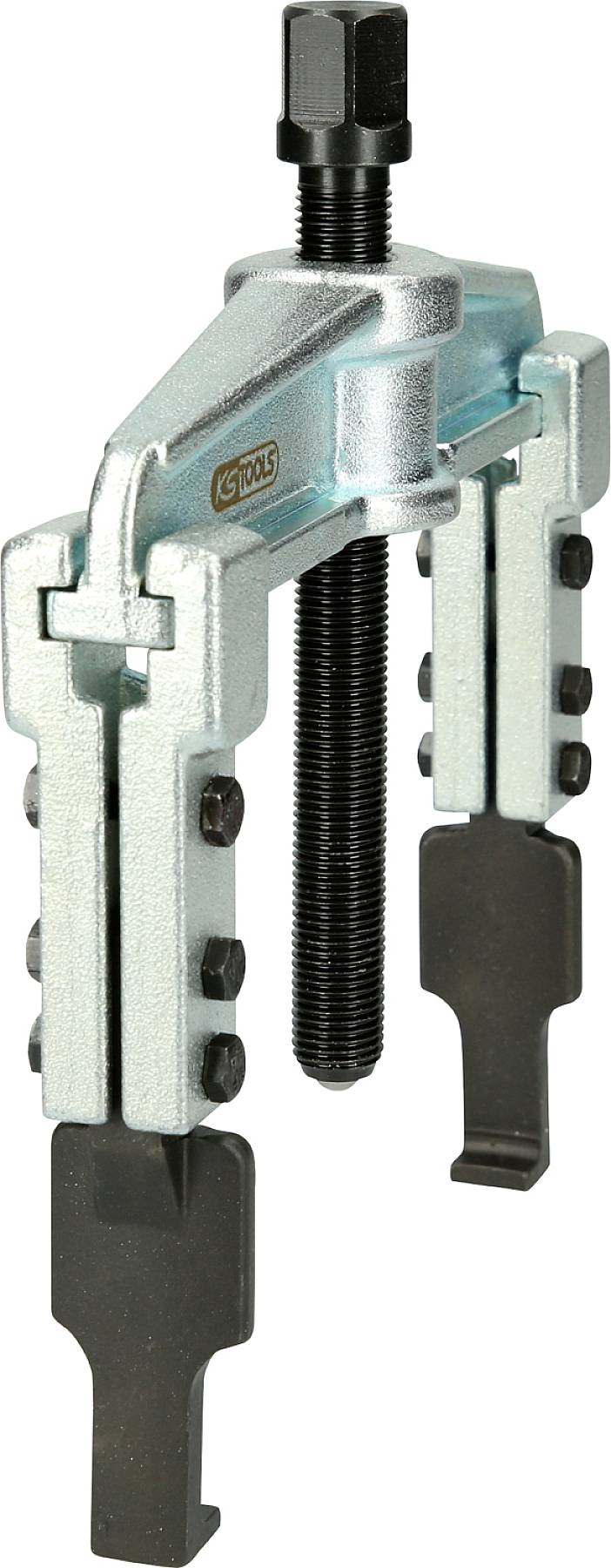 A two-legged metal puller with adjustable arms and a central screw, used for removing bearings or pulleys.
