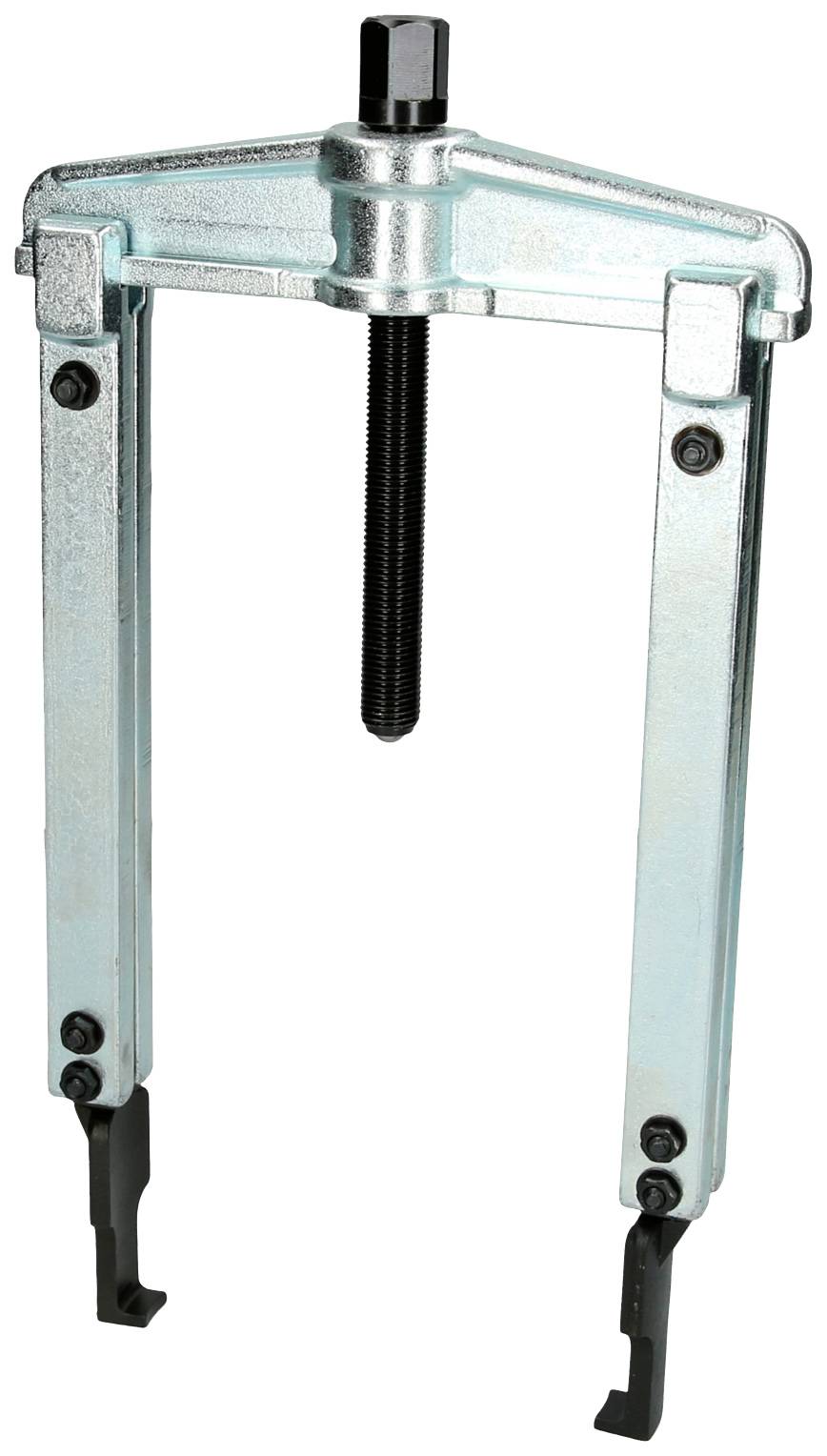 Two-legged metal puller with a central threaded bolt, ideal for removing bearings or gears.