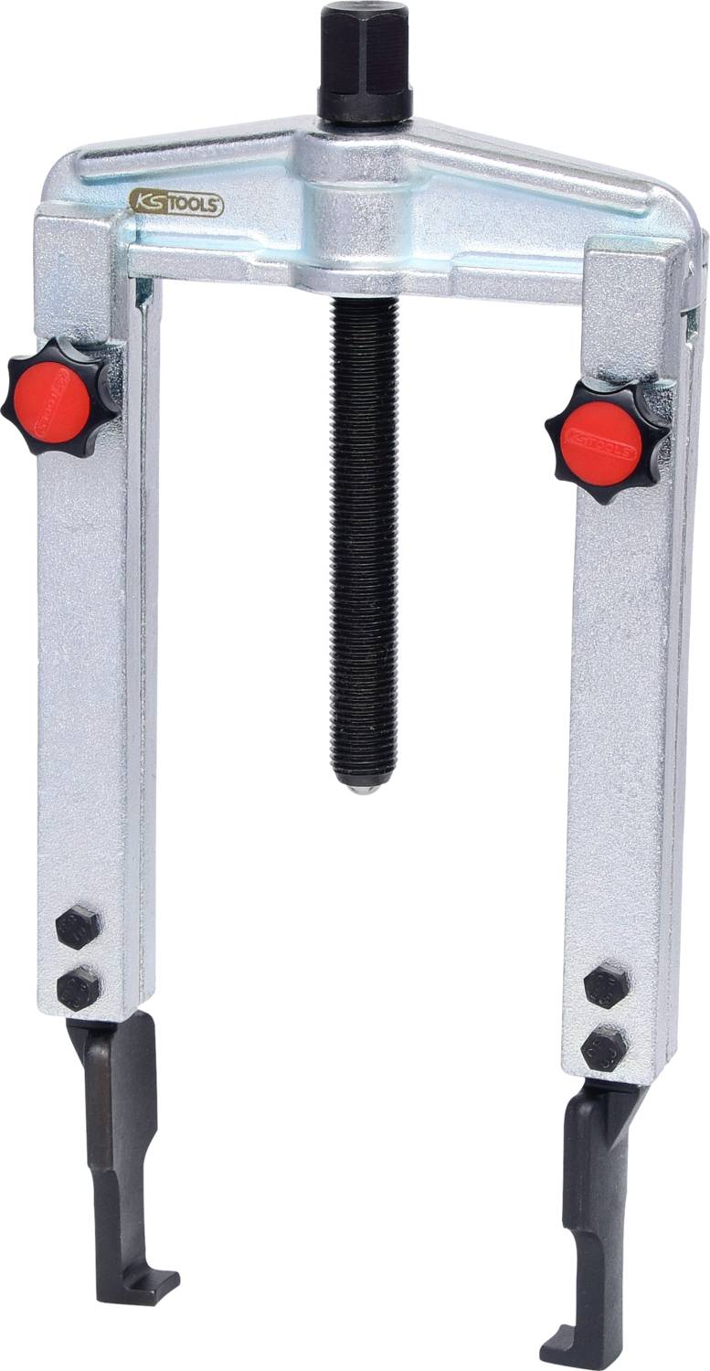 A two-legged puller with red turning knobs and a central threaded bolt for removing parts in automotive engineering.