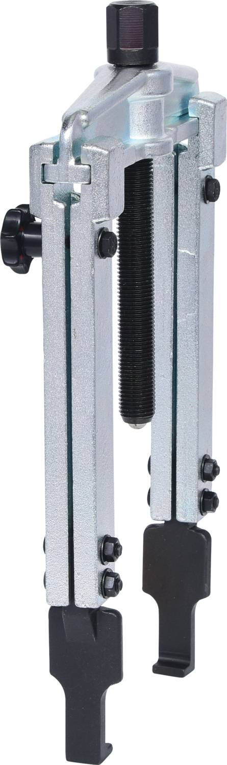 Metal two-arm puller with adjustable arms and central screw, used for removing bearings or gears.
