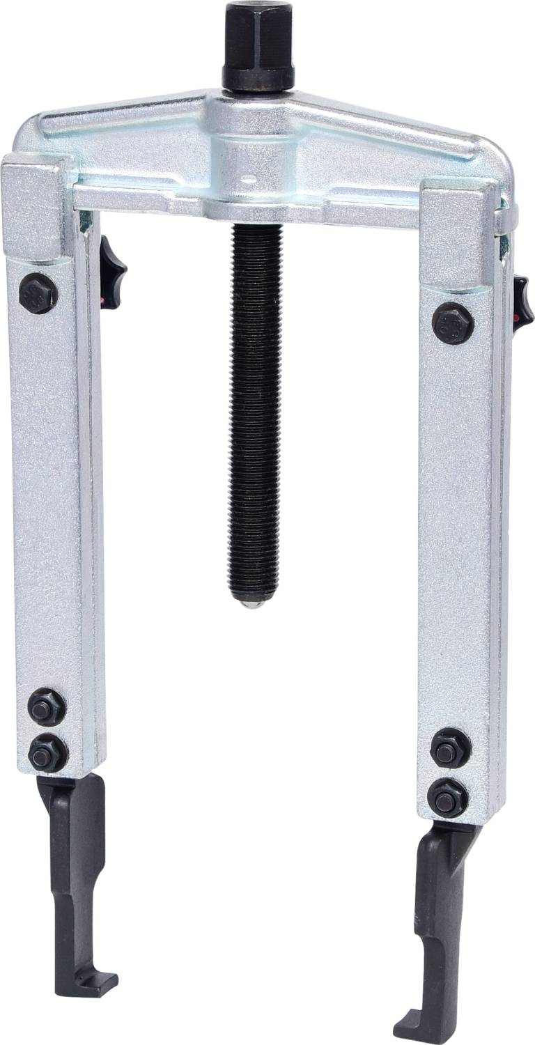 Metal puller with two adjustable arms and a central screw for easy removal of solid parts.