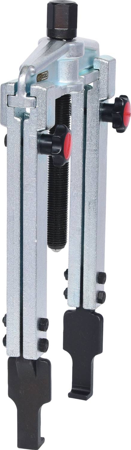 A metallic two-armed puller with a rotating handle, used for removing bearings or gears from shafts.