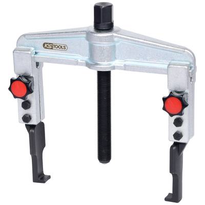 A silver puller with two adjustable arms and red buttons, suitable for removing bearings or gear wheels.