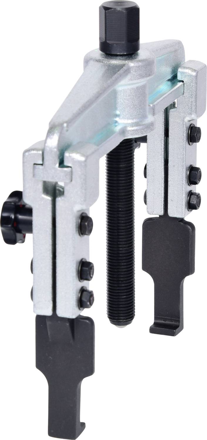 Two-armed puller with screw mechanism, silver metal construction with black, adjustable gripping arms, suitable for removing bearings.