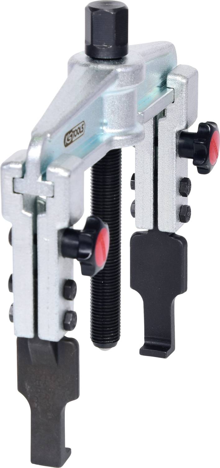 Two-legged metal puller with adjustable hooks and screw, used for removing gears or bearings.