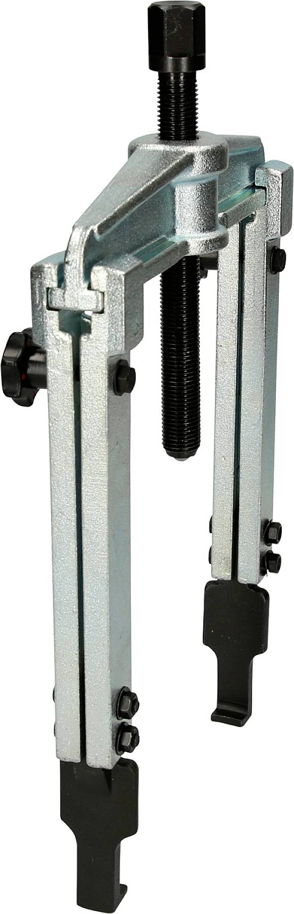 A two-pronged puller with adjustable hooks and a threaded bolt for dismantling tight components or bearings.