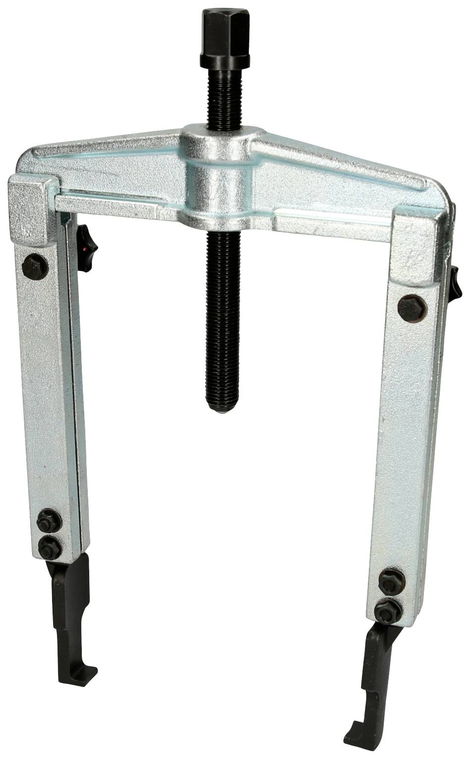 A two-legged puller with a central screw, used for removing components such as gears from shafts.