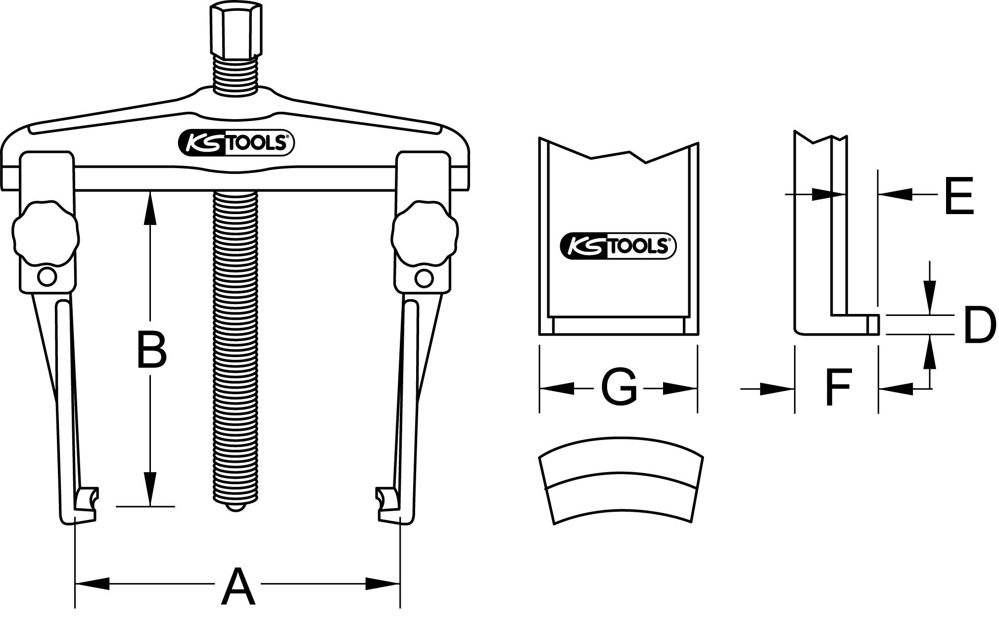 Drawing of a puller with dimensional specifications. Main components: Cross beam (A), Spindle (B), Gripping arms (C). Dimensions: E, D, F, G clarify the dimensions of the gripping arms and mounting.