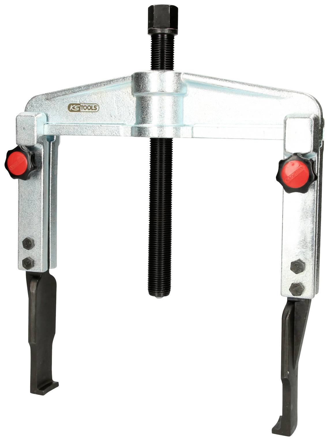 Two-armed puller with adjustable arms, suitable for removing bearings or gears. Metallic design with red buttons.