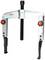 Two-armed puller with adjustable arms, suitable for removing bearings or gears. Metallic design with red buttons.