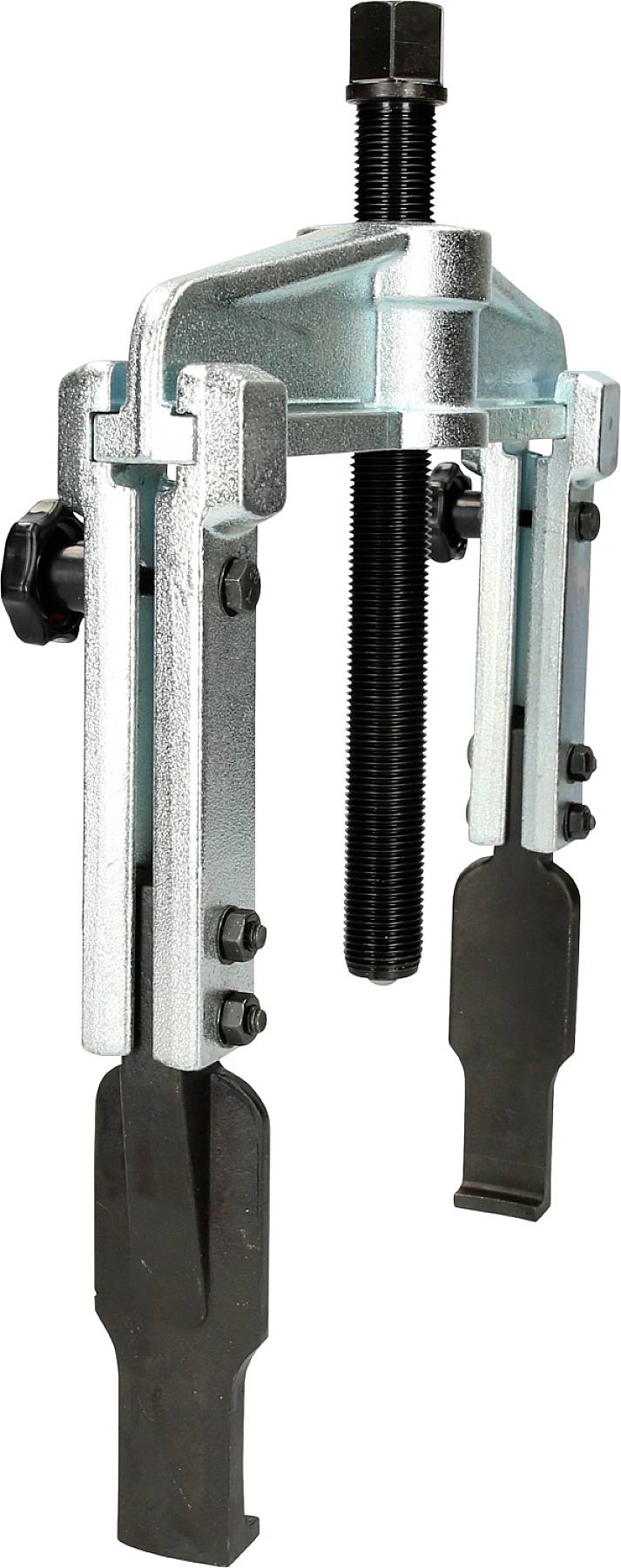Metal puller with two jaws, used for removing bearings or gears. Contains a central thread for applying pressure.