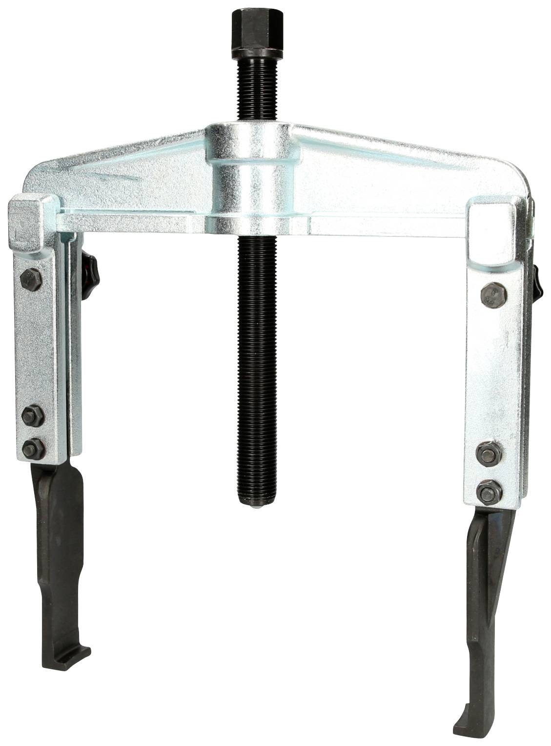 Two-armed metal puller for removing bearings or gears. Vertical threaded rod in the centre for precision.